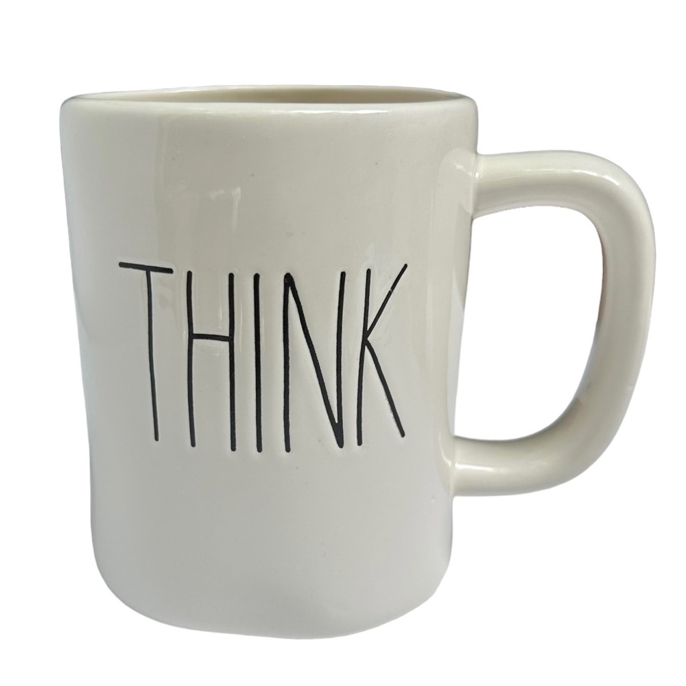 Rae Dunn THINK Mug Coffee Tea White Black Large Letters Dimples NWT 2017 OG